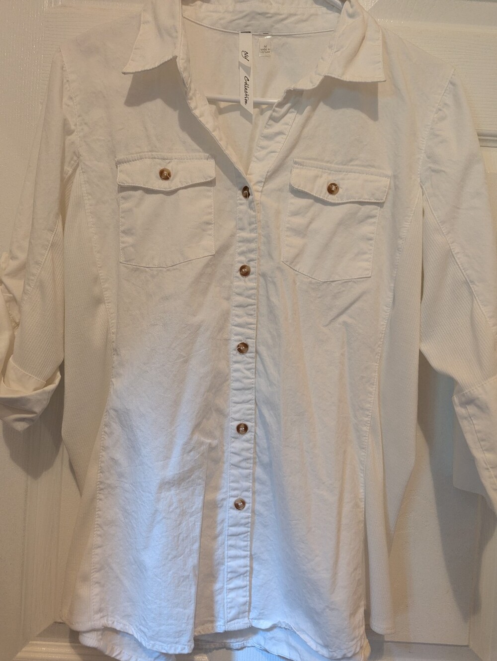 Cavalini Denim Collection M Soft Chambray Button Down Roll Tab Shirt White